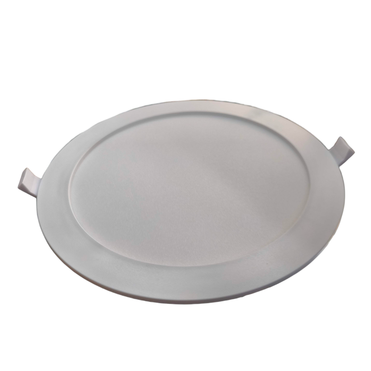 Round white LED downlight on a white background