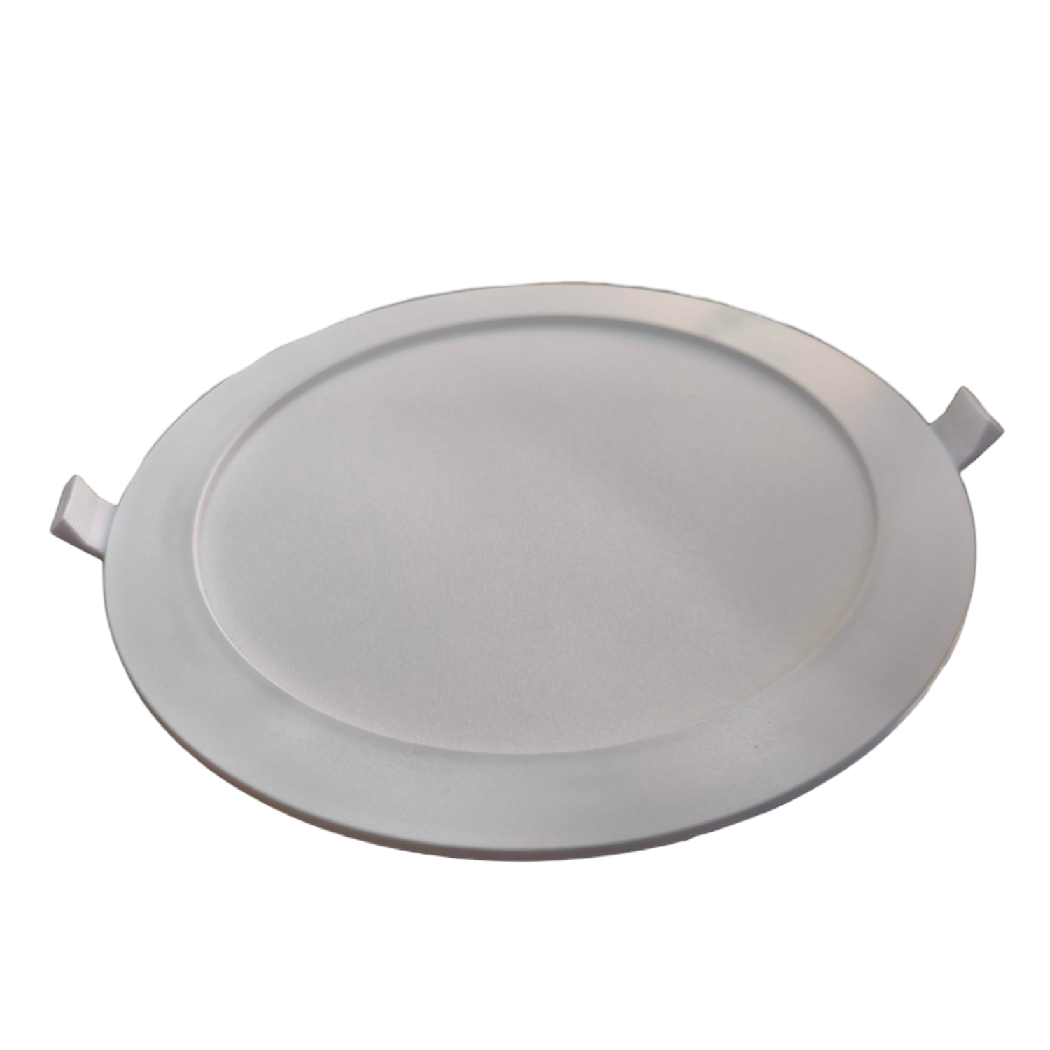 Round white LED downlight on a white background