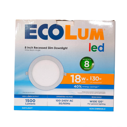 EcoLum LED recessed downlight packaging on a white background