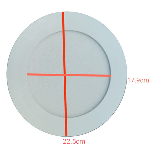 Round light fixture with red crosshair and measurements on a white background