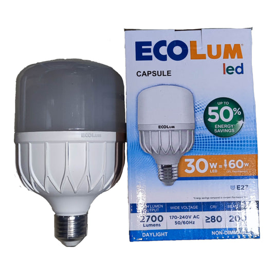 ECOLUM LED bulb and packaging on a white background