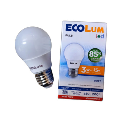 Ecolum 3W LED bulb warm white 220V E27 3000K in packaging with energy-saving features