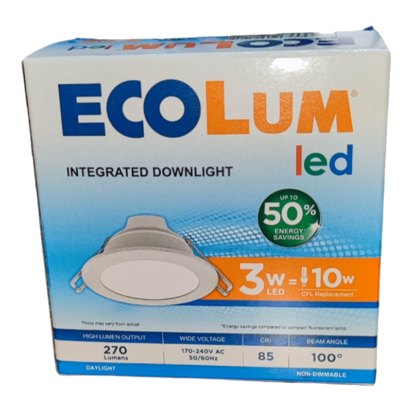Ecolum LED integrated downlight packaging on a white background