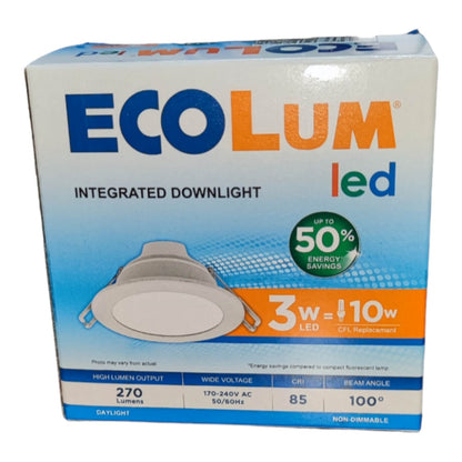 Ecolum LED integrated downlight packaging on a white background