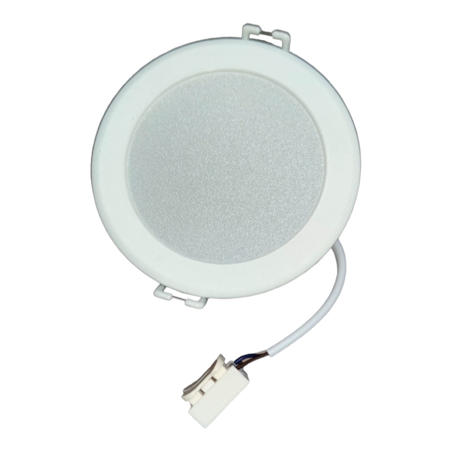 Round white speaker with a cable on a white background