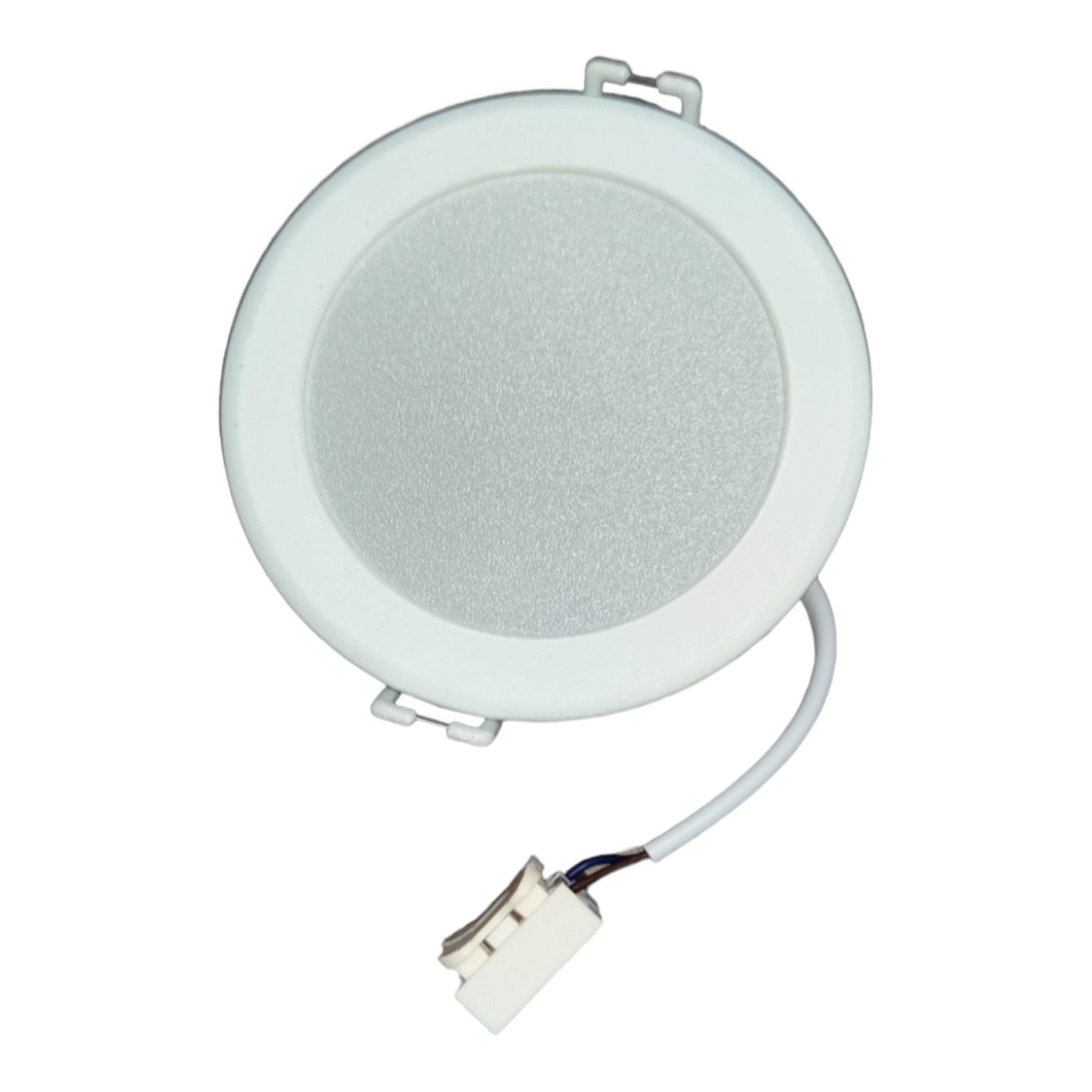 Round white speaker with a cable on a white background