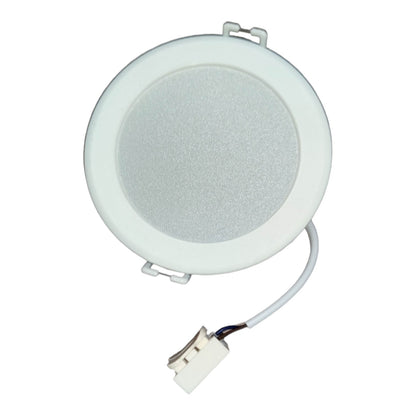 Round white speaker with a cable on a white background