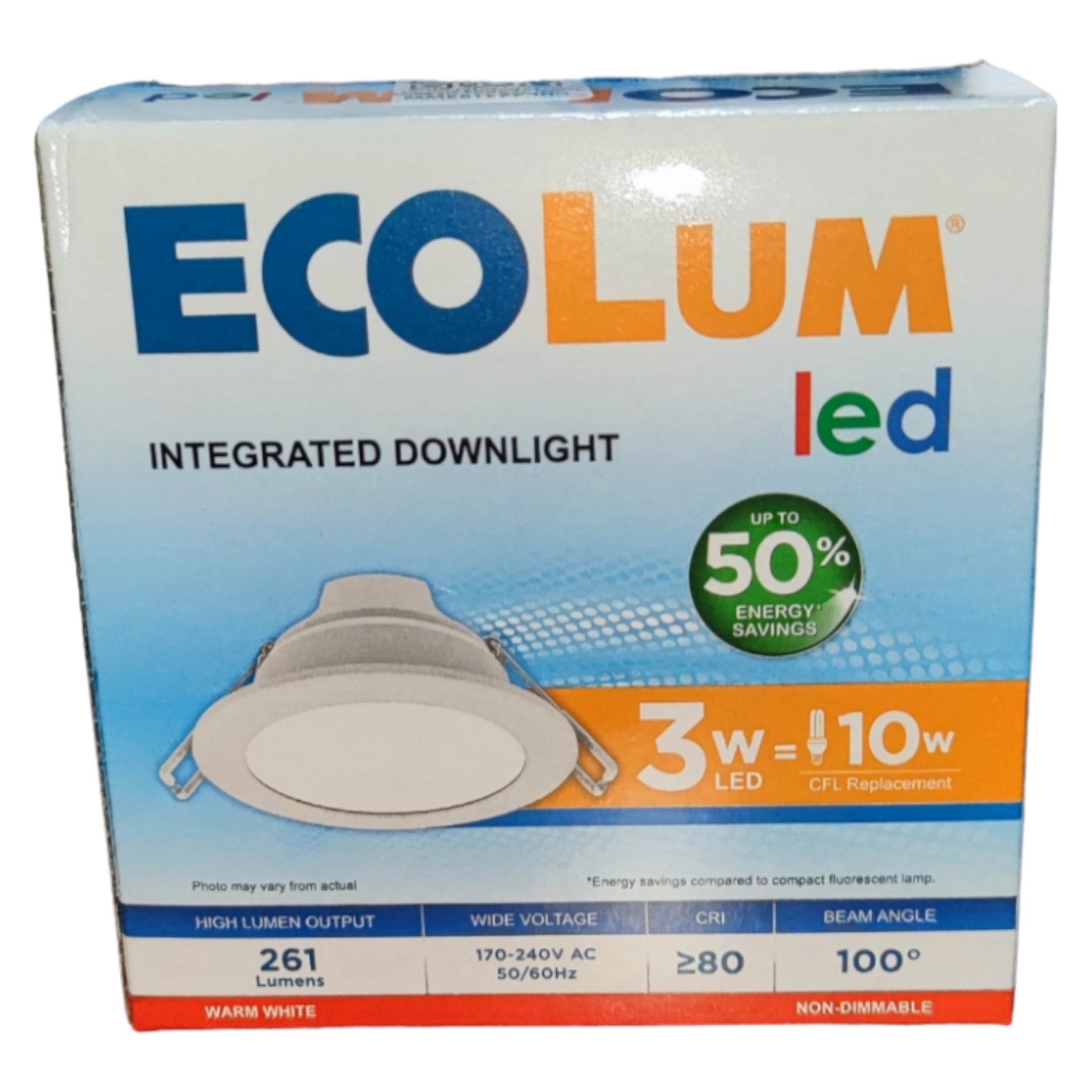 Ecolum LED integrated downlight packaging on a white background