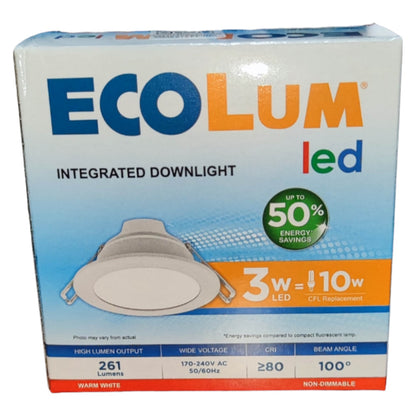 Ecolum LED integrated downlight packaging on a white background