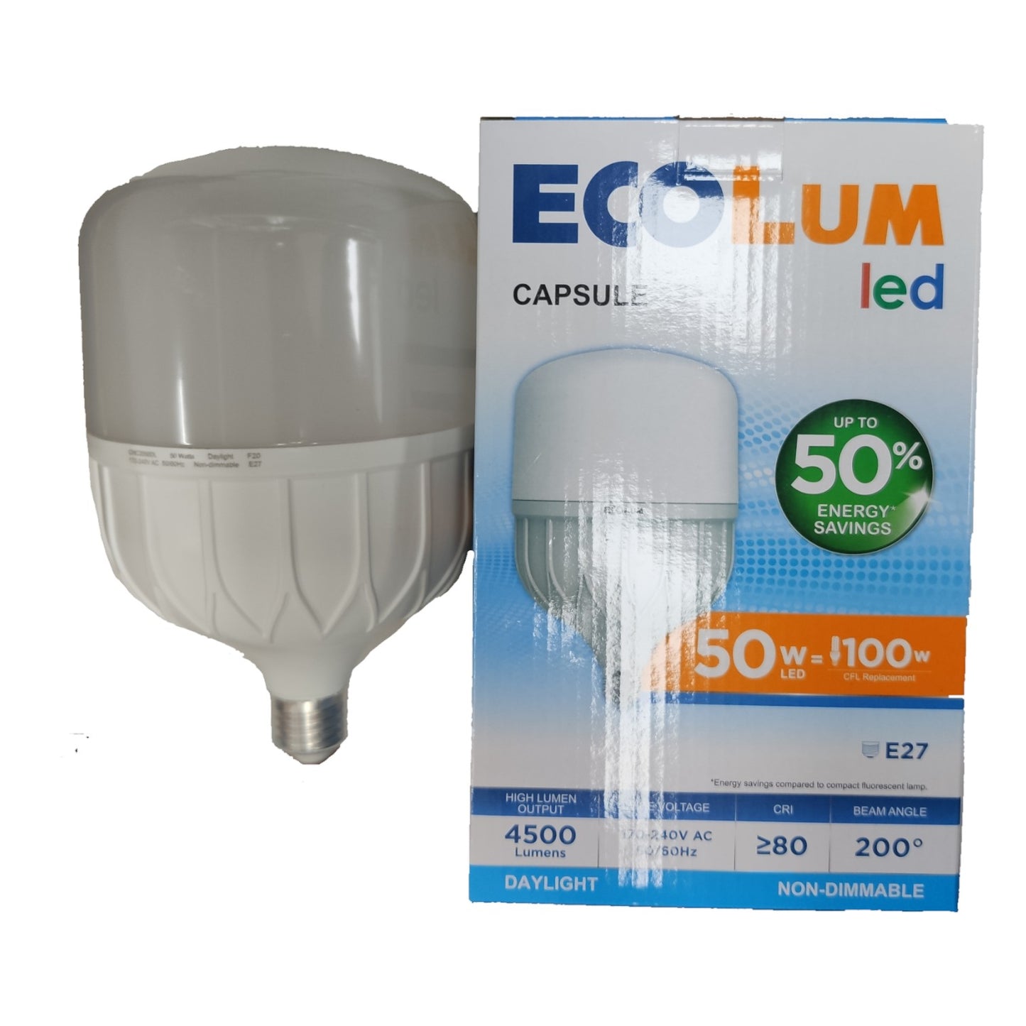 LED bulb with its packaging displaying energy savings and specifications.