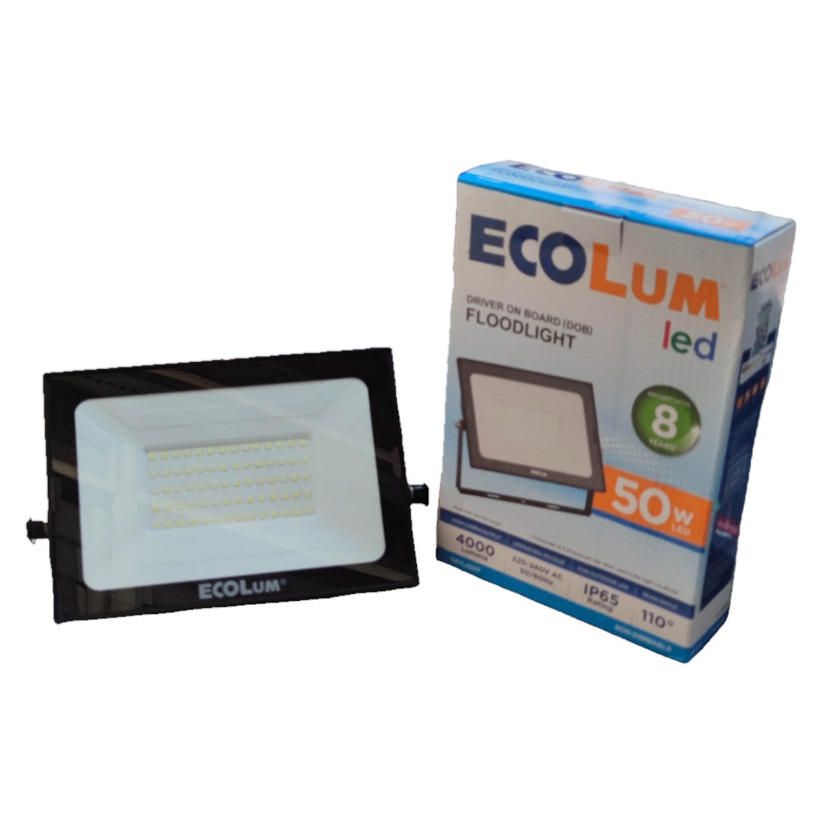 Ecolum LED floodlight and its packaging on a white background