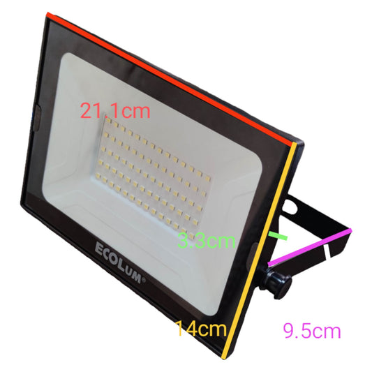 LED flood light with dimensions labeled on a white background