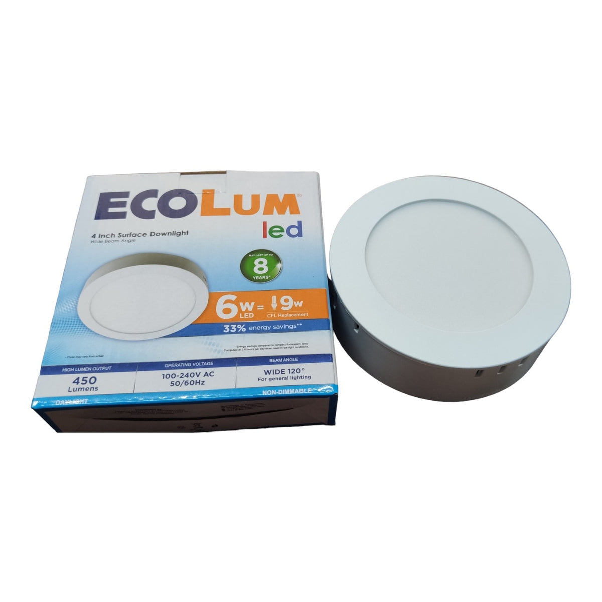 EcoLum LED downlight packaging with a white LED light fixture on a white background