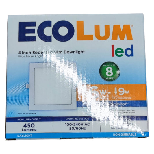Ecolum LED light fixture packaging on a white background