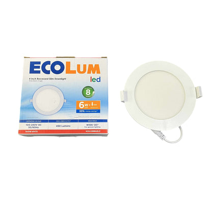 Ecolum 6W LED recessed round downlight in white packaging, designed for energy-efficient illumination