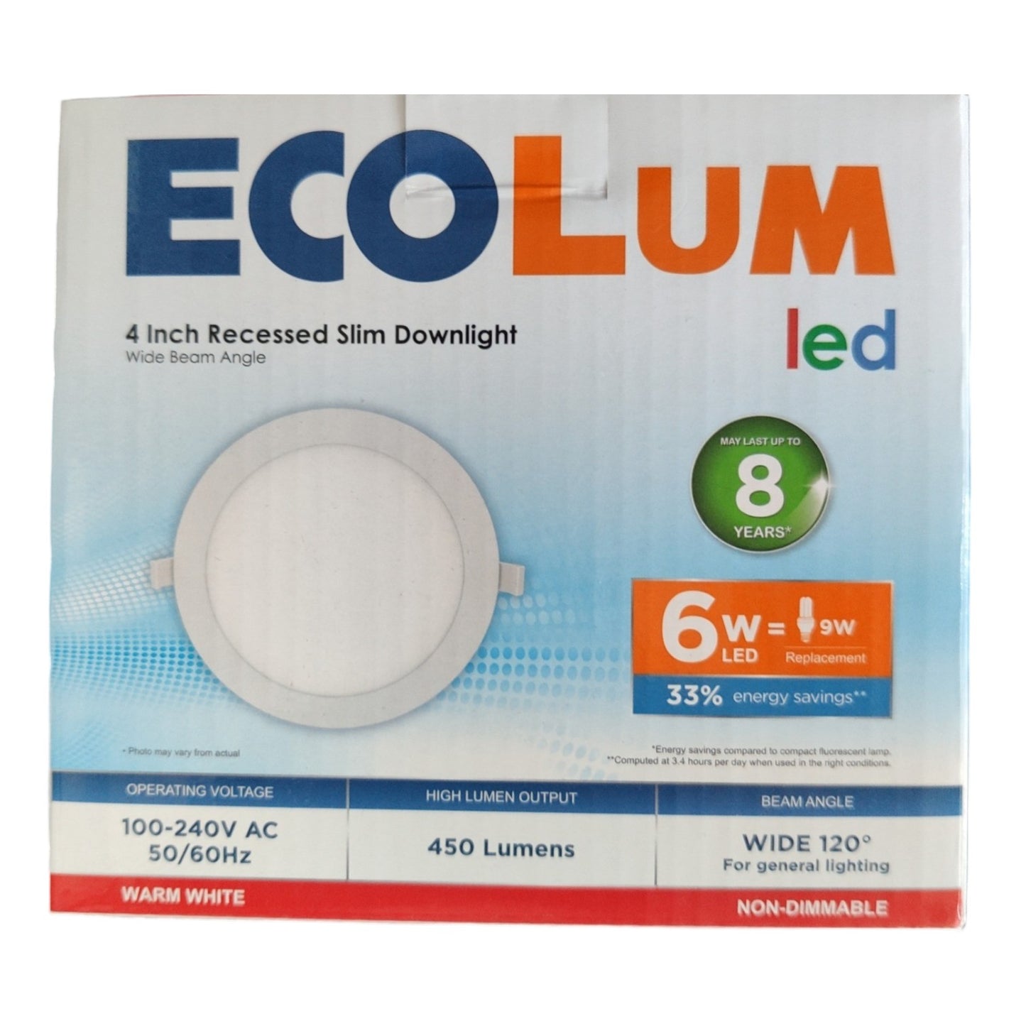Ecolum LED recessed downlight packaging with specifications on a white background