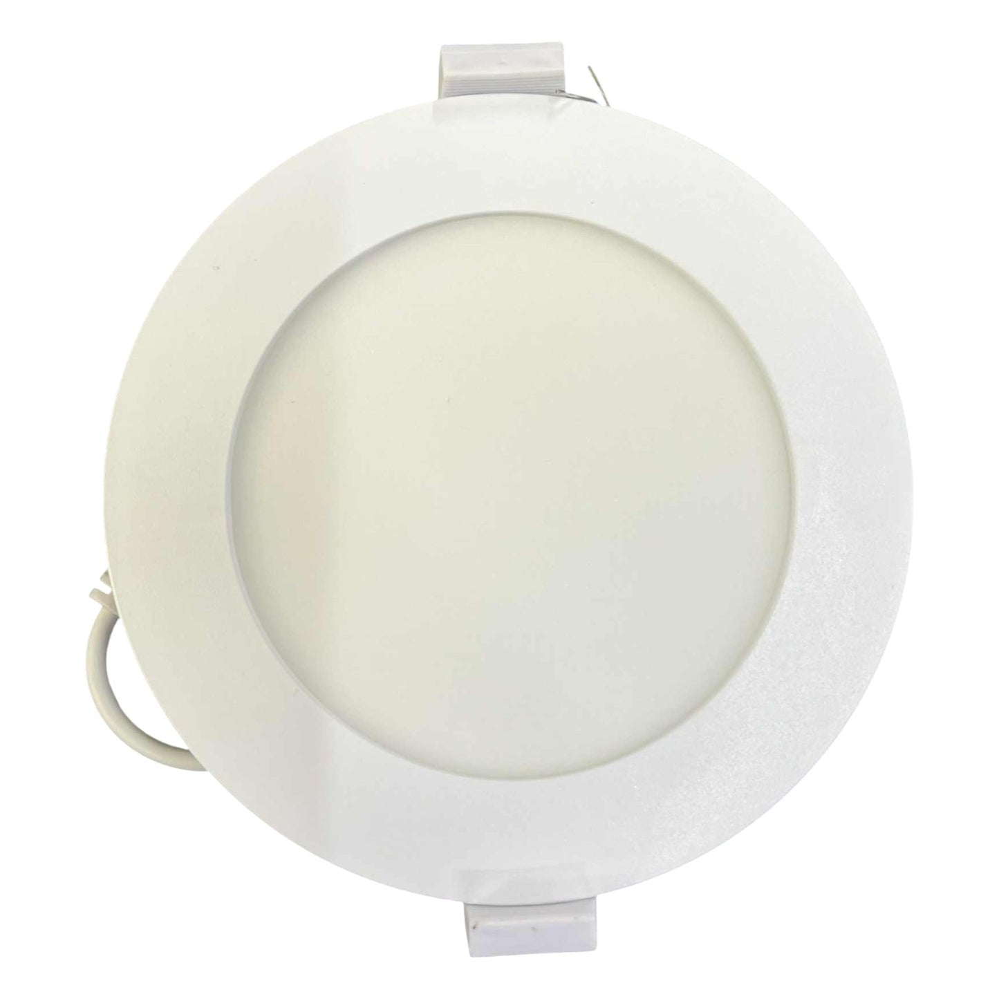 Round white LED downlight on a white background