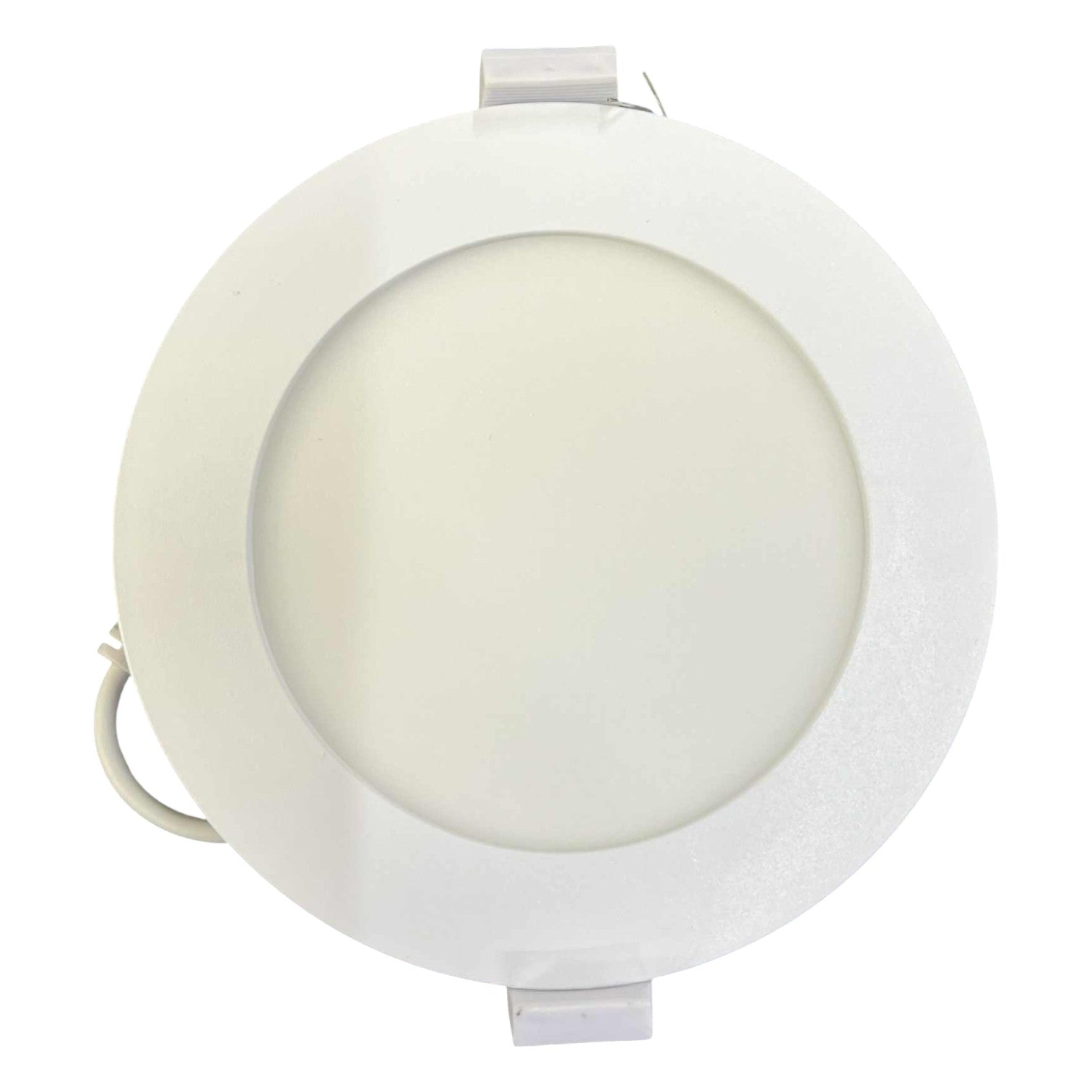 Round white LED downlight on a white background