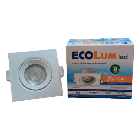 Square recessed downlight and its packaging with ECOLUM branding on a white background