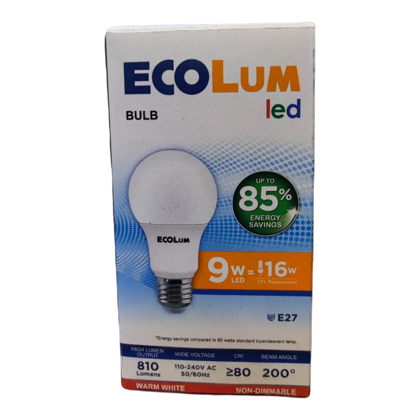 Ecolum LED bulb packaging on a white background