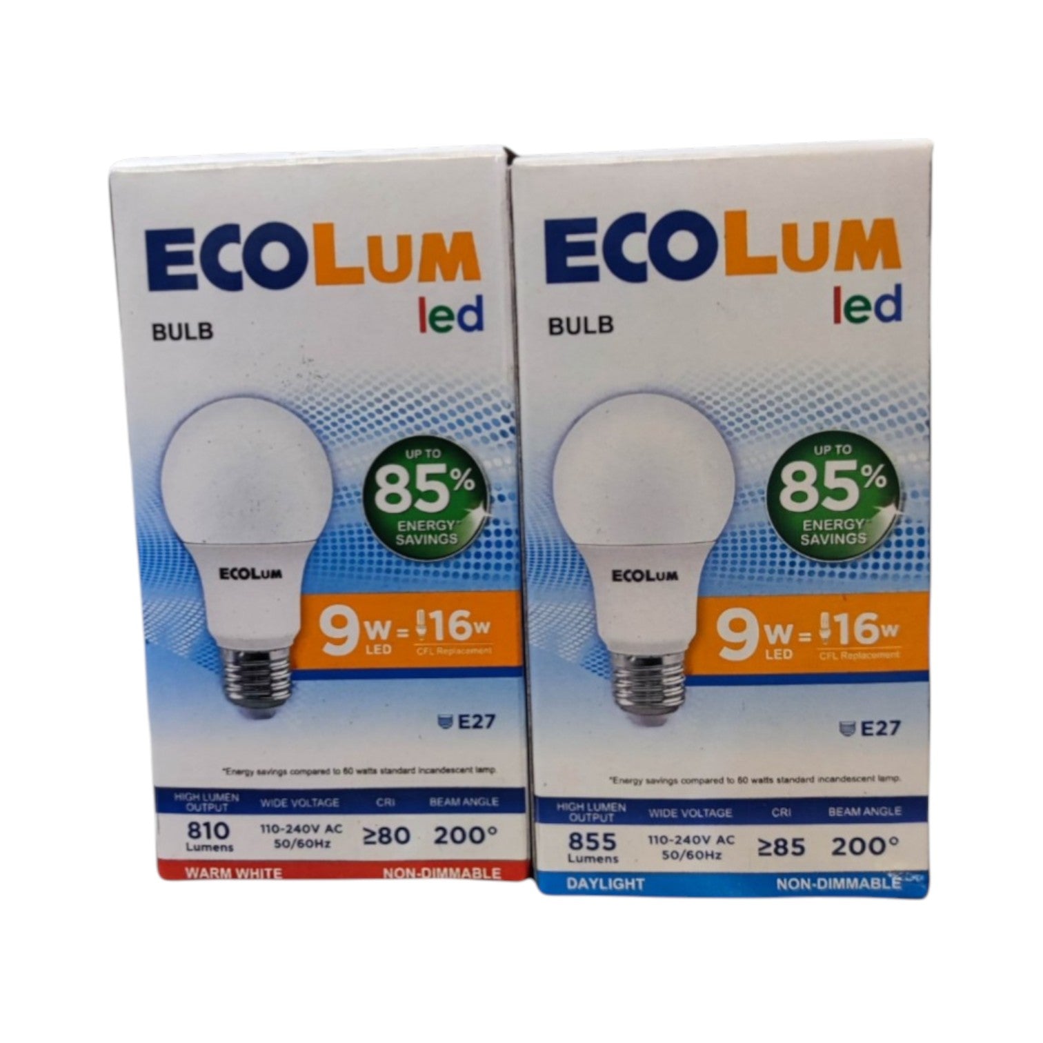 Two boxes of ECOLUM LED bulbs on a white background