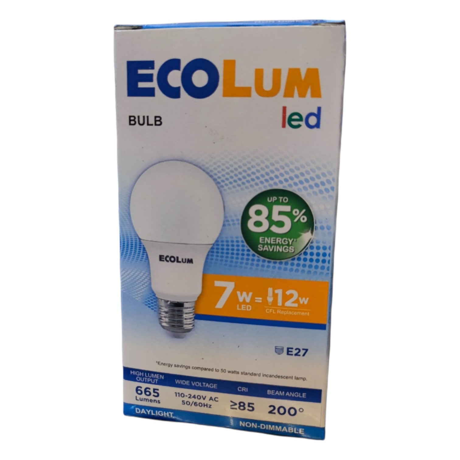 Ecolum LED bulb packaging on a white background
