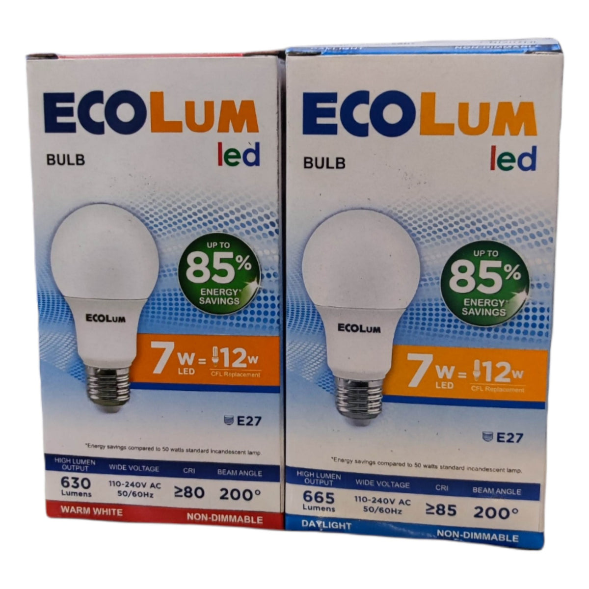 Two boxes of Ecolum LED bulbs on a white background