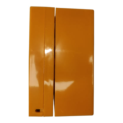 Two glossy orange rectangular plastic pieces shown upright against a plain white background.