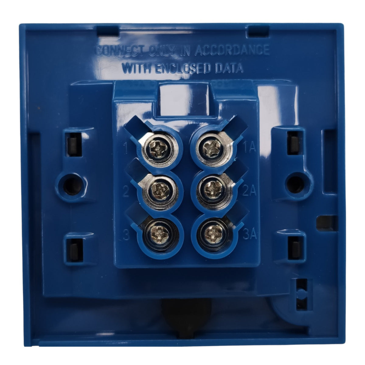 Blue plastic electrical terminal block with six screw connectors labeled 1A, 2A, 3A, on a white background.