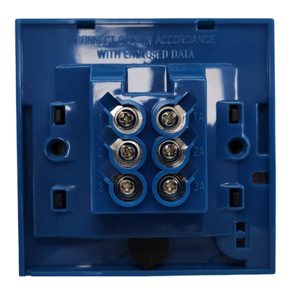 Blue plastic electrical terminal block with six screw connectors labeled 1A, 2A, 3A, on a white background.