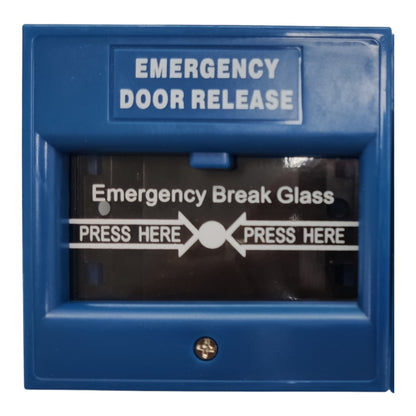 Blue emergency door release and emergency break glass alarm switch with white printed text and symbols on a white background.