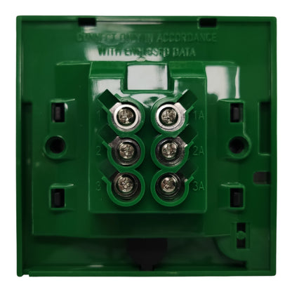 A green plastic electrical terminal block with six screw terminals arranged in two columns of three, labeled 1A, 2A, and 3A. The top of the housing has molded text reading 'CONNECT ONLY IN ACCORDANCE WITH ENCLOSED DATA'.