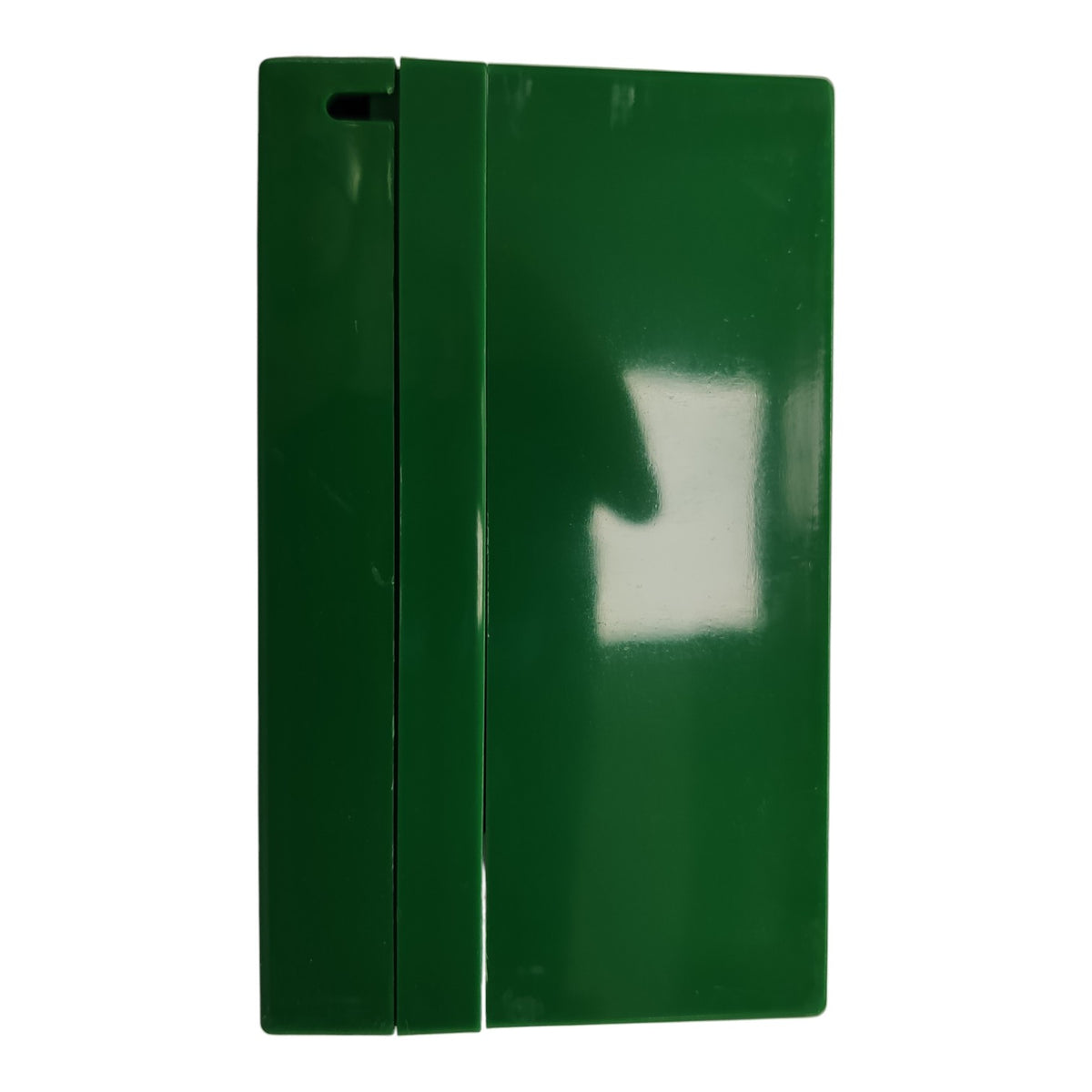 A glossy dark green rectangular panel or cover with a vertical seam down the center and a small black slot near the top left, shown on a plain white background.
