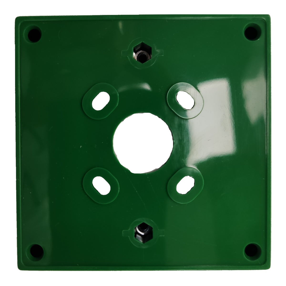 A square green plastic mounting plate or cover with a glossy finish, featuring a large circular cutout in the center, four smaller oval cutouts, and four pre-drilled screw holes in the corners, shown on a white background.
