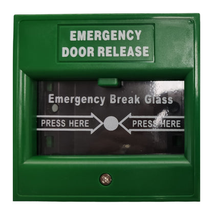 A green emergency door release alarm switch with a glass window showing 'Emergency Break Glass' and 'PRESS HERE' markings, on a white background.