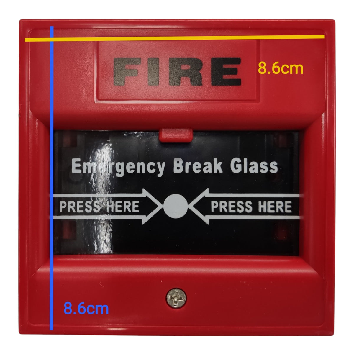 Red fire alarm emergency break glass push panel with printed instructions and dimensions labeled 8.6cm on a white background.