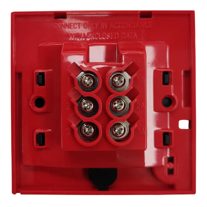 A red plastic electrical terminal block with six screw terminals, shown from the back against a white background.