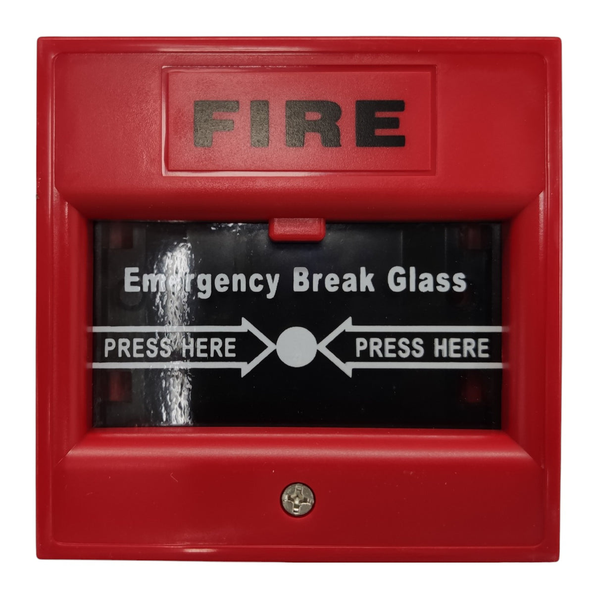 A red fire alarm emergency break glass release button with 'FIRE' printed in black at the top and 'Emergency Break Glass' with directional arrows and 'PRESS HERE' text on the glass.