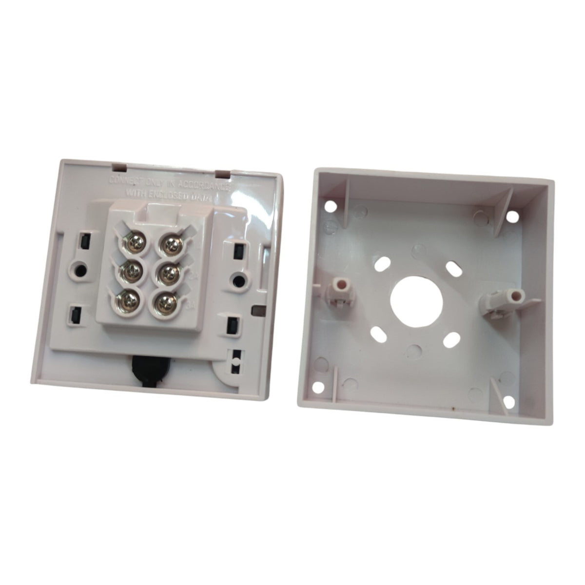 A white plastic double-gang wall switch socket kit shown disassembled, featuring the backplate with six screw terminals on the left and the corresponding mounting cavity on the right, set against a plain white background.