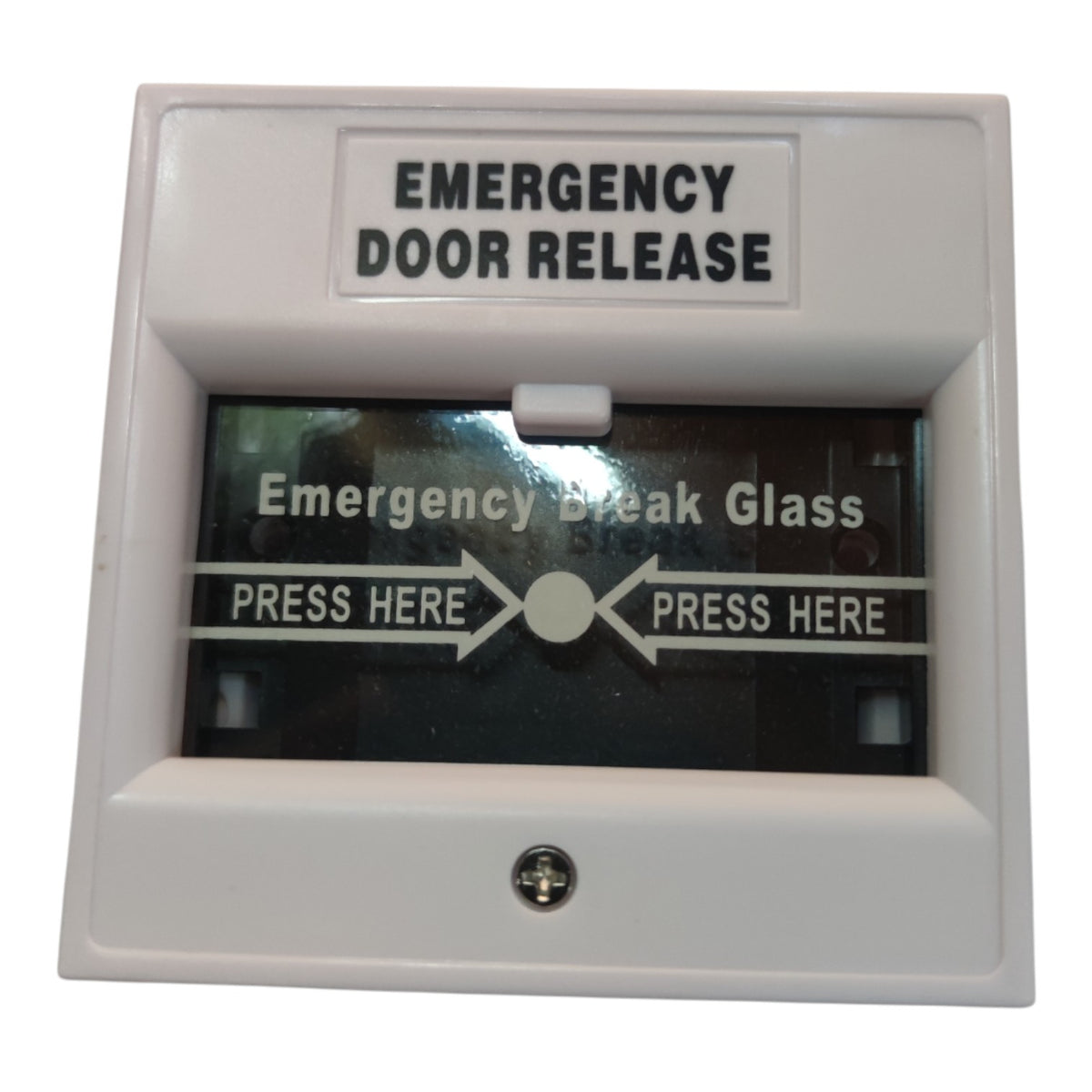 White emergency door release and emergency break glass switch with printed text and arrow indicators on a plain white background.