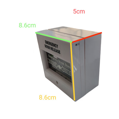 Emergency door release device shown on a white background with overlaid dimension labels: 8.6cm on the left and bottom, 5cm on the top right, and colored measurement lines highlighting those dimensions.