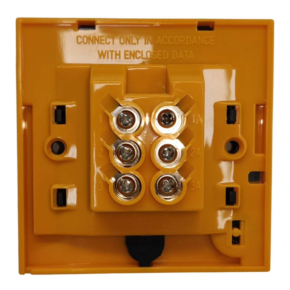An orange industrial electrical terminal block connector faceplate with six screw terminals, showing connection instructions molded into the top surface.