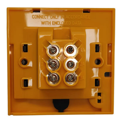 An orange industrial electrical terminal block connector faceplate with six screw terminals, showing connection instructions molded into the top surface.
