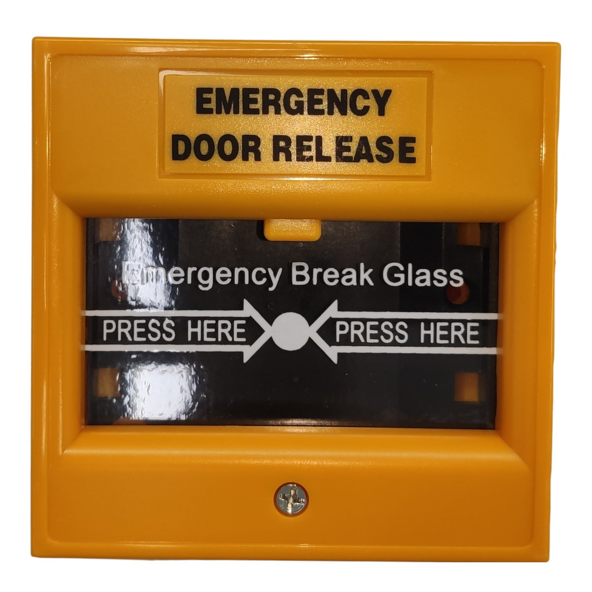 Yellow emergency door release and emergency break glass push-button alarm device on a white background.