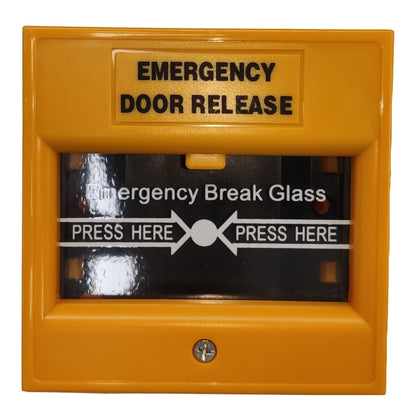 Yellow emergency door release and emergency break glass push-button alarm device on a white background.