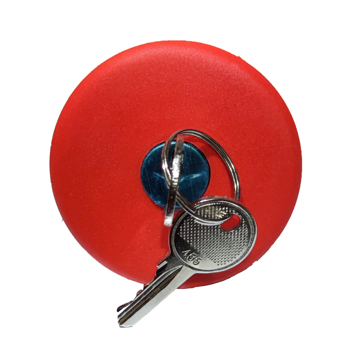 Sassin red emergency push button key to unlock with attached silver key on black background