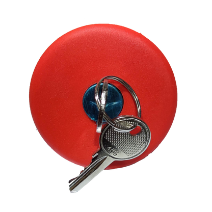 Sassin red emergency push button key to unlock with attached silver key on black background