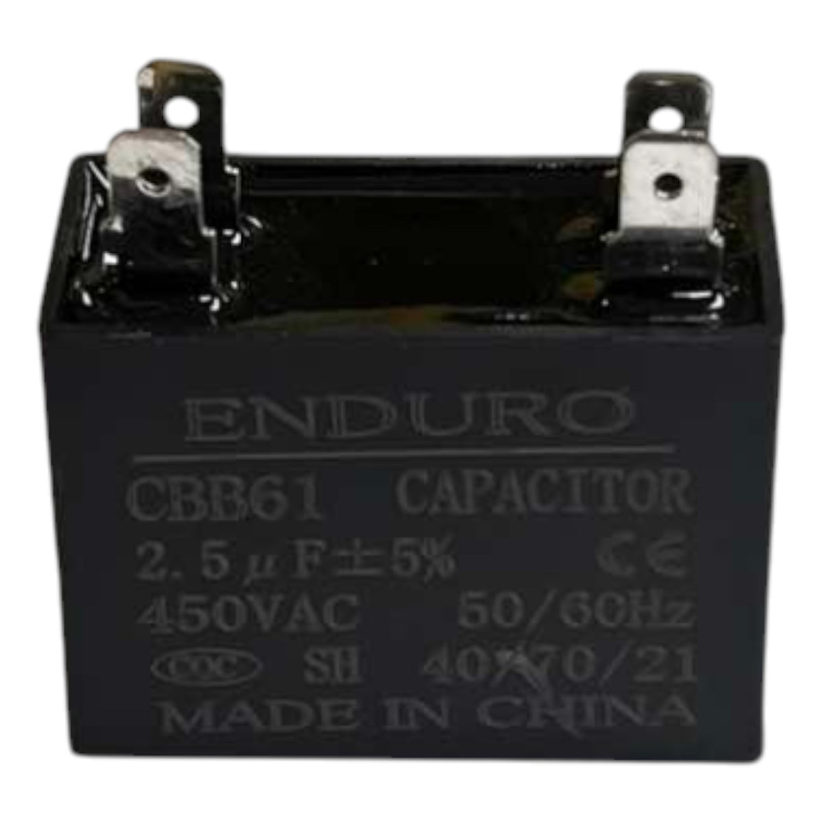 Enduro CBB61 capacitor with specifications on a white background