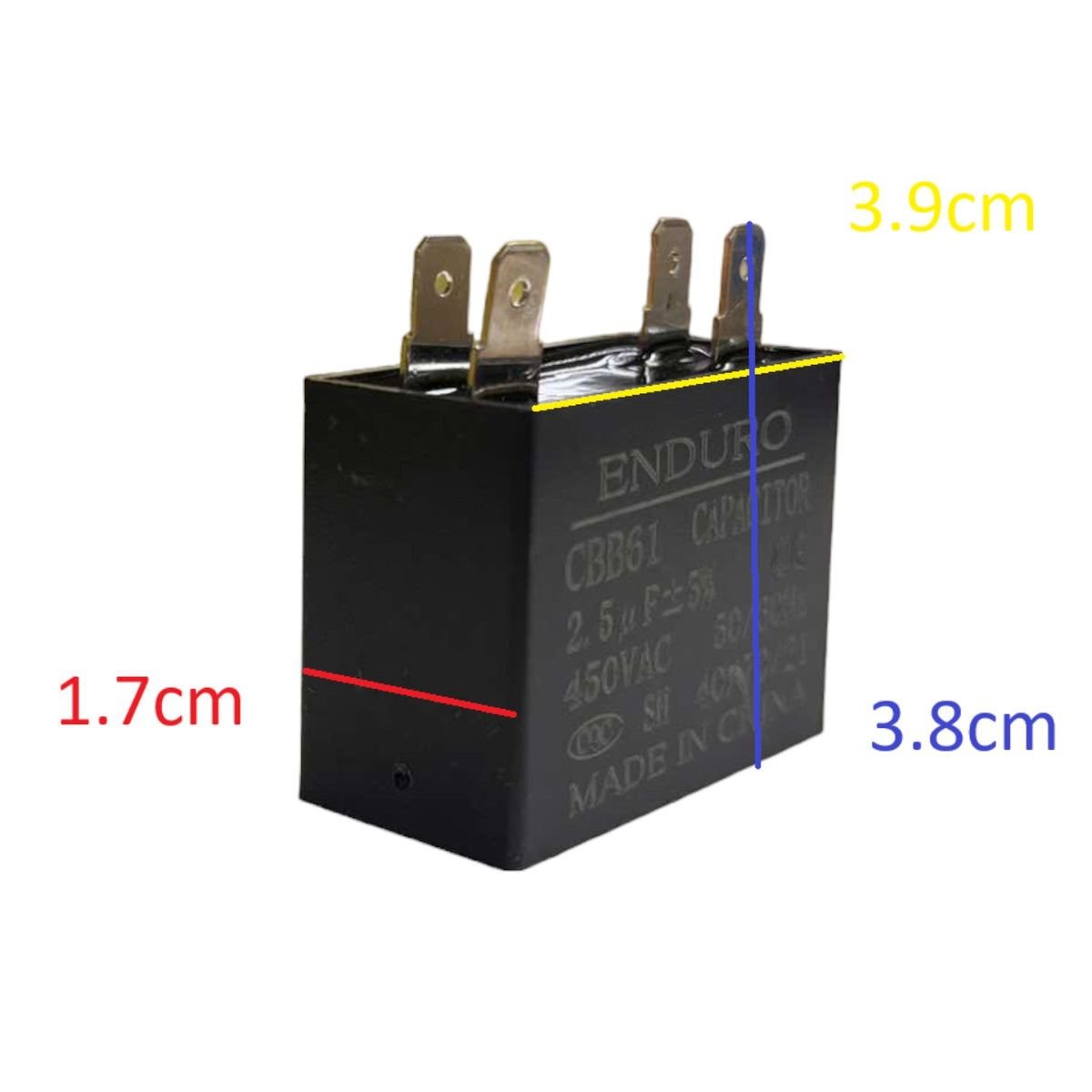 Black capacitor with labeled dimensions on a white background