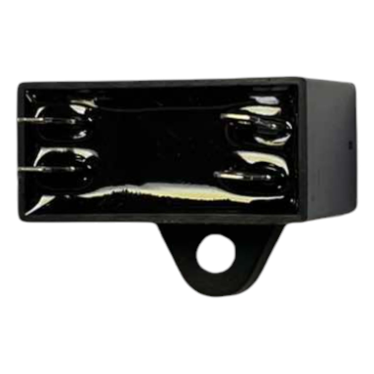 Black metal bracket with circular hole on a white background
